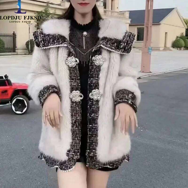 Faux Fur Coat For Women,Korean Jackets,Double Breasted Overcoat,Turn-Down Collar , Female Clothes, Winter,New, 2024