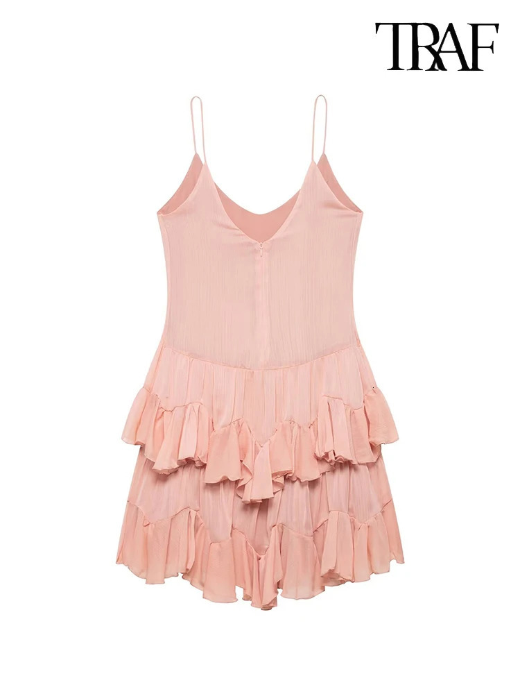 TRAF Womens Fashion Elegant Pink Stacked Embellished Halter Dress Sexy Slim VNeck Sleeveless Back Zipper Short Dresses 250604