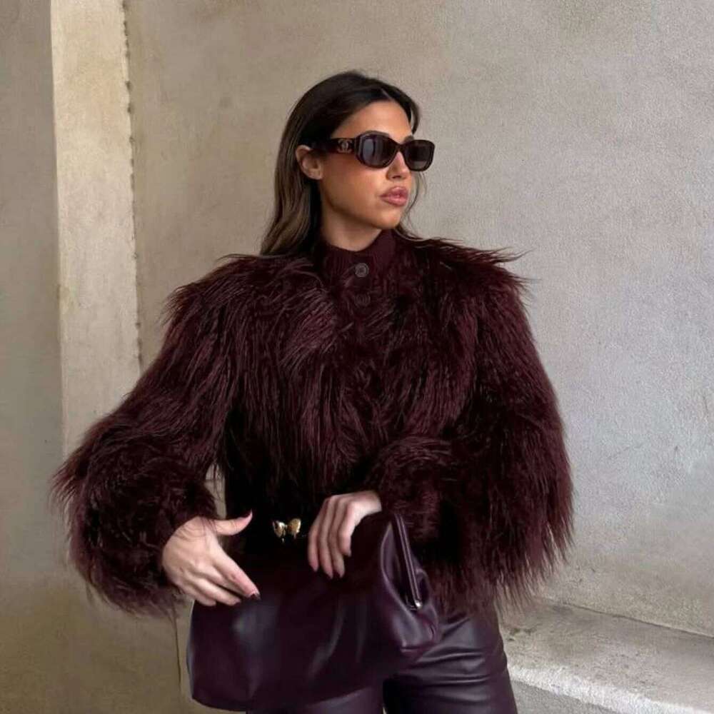 PB&ZA Women's 2024 Autumn/Winter New Collection Knitted Stand up Collar Artificial Fur Effect Maillard Short Jacket