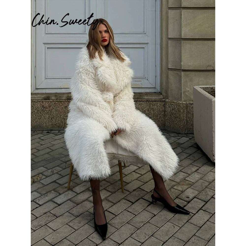 Casual Belt Faux Fur Long Women Coat Urban Full Sleeve Lapel Pocket Thicken Female Streetwear Winter Elegant Lady Outwear luanyun