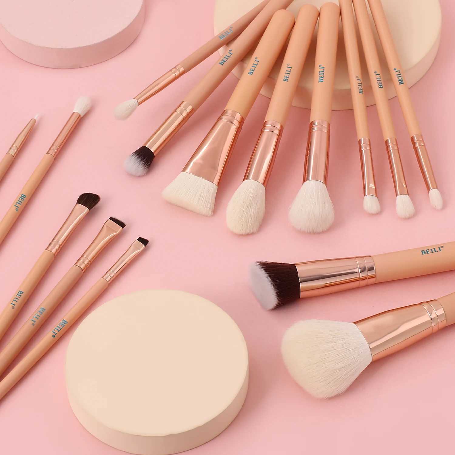 BEILI 15 Pcs Pink/Rose Golden Makeup Brushes Set Professional Powder Foundation Eyeshadow B Eyeliner Contour Cosmetic Tool W250605