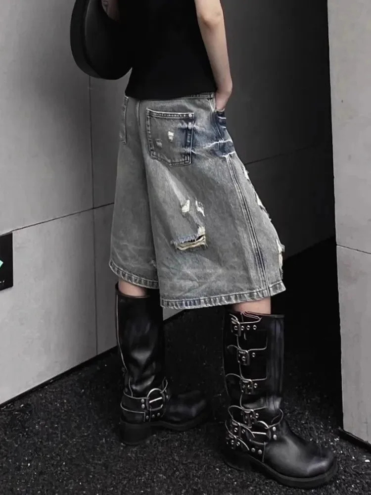 DFCF Spring Summer 5 Points Jeans Streetwear tie Washed Short for Women Y2k Fashion High Waist Wide Leg Jeans 250604