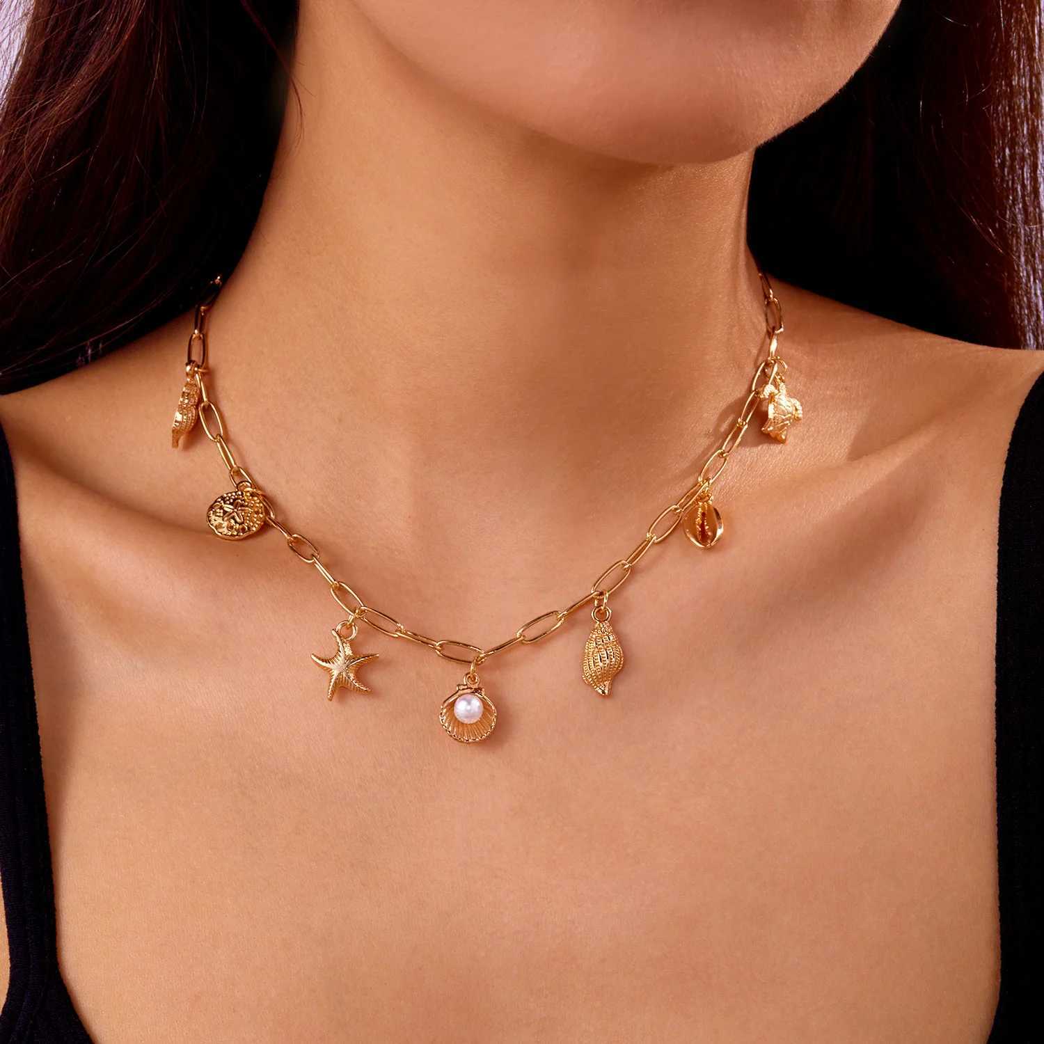 Bohemian Starfish Shell Conch Turtle Pendant Necklace for Women Imitation Pearl Charm Chain Necklace Beach Jewelry Vacation Gift XJ250604