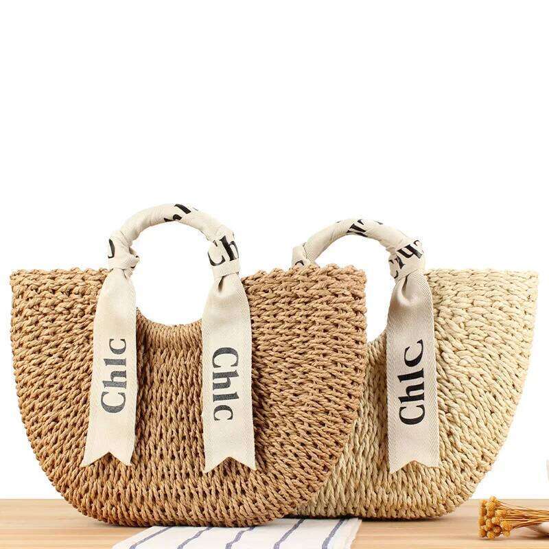 2025 Summer Straw Woven Women Large Capacity Weaving Handbags with Scarf Handmade Knitted Ladies Shoulder Beach Tote Bag
