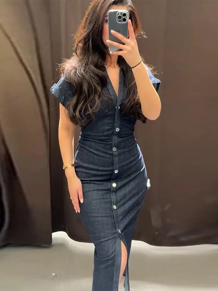 Elegant Pleated Women Denim Dress Turn-down Collar Single Breasted Slim Female Long Dresses 2025 Summer Fashion Lady Robe 250529
