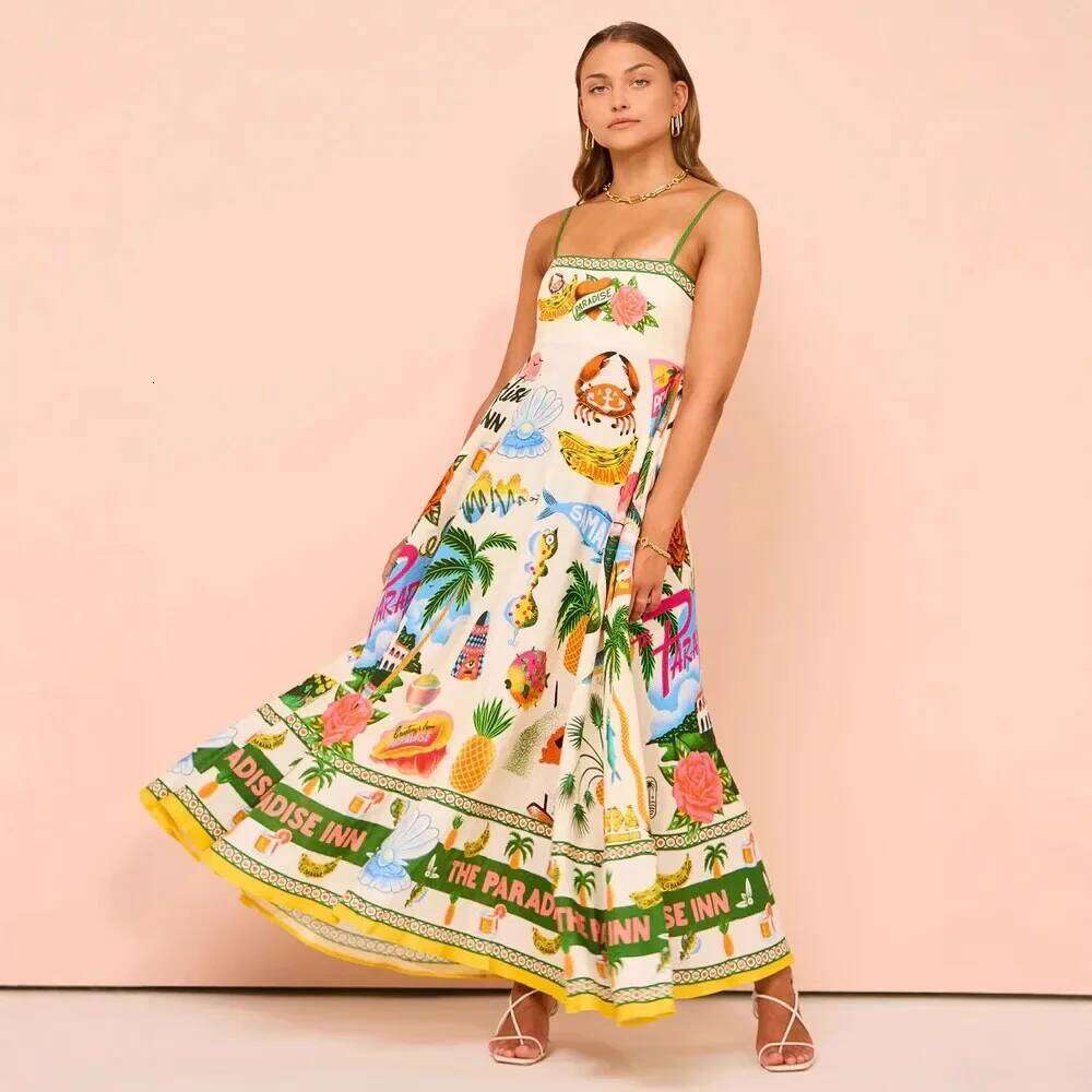 Sexy Off-Shoulder Graffiti Cotton Linen Print Maxi Dress Women's New Hot Sale Of The Season Sleeveless Loose Fit Gown for Women
