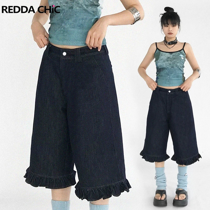 REDDACHiC Dark Blue Ruffled Denim Shorts Women Solid Casual High Waist Knee Long Frilly Baggy Jorts Y2k Retro Summer Streetwear 250604