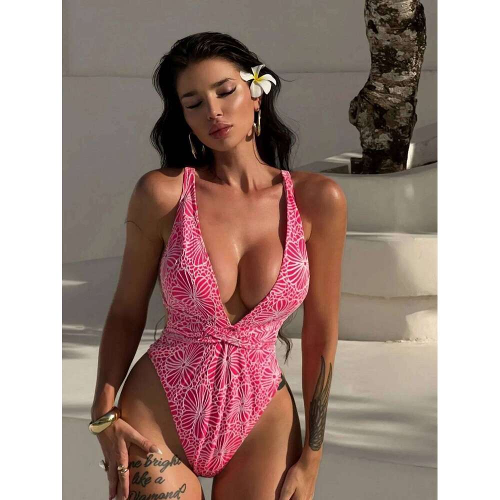 New Sexy V-neck One Piece Swimsuit For Women Cross Bandage High Waisted Bathing Suit Cut Out Monokini Printed Swimwear Beachwear