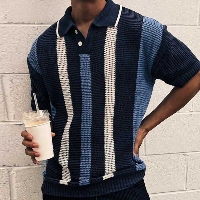 Stylish Striped Hollow Out Knit Polo Shirts Mens Vintage Polo Collar Button Knitted Tops For Men Summer Casual Breathable Polos XJ250605