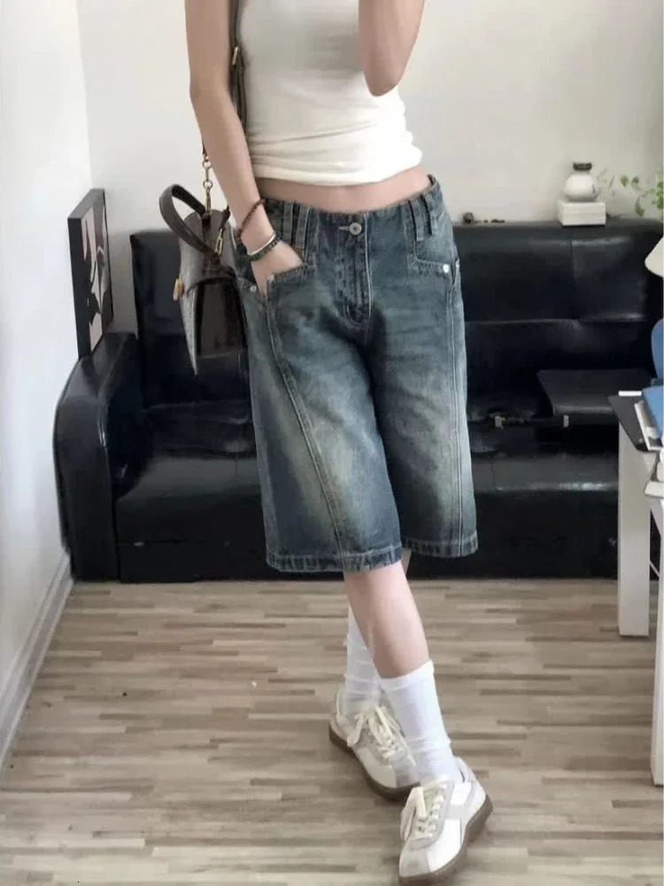HOUZHOU Y2K Vintage Women Denim Shorts Baggy High Waist Korean Wide Leg Jorts Casual Oversize Washed Jeans Streetwear Summer 250604