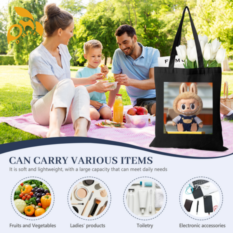Free shipping fashion designers customize lightweight high-quality black full-print canvas tote DIY bags