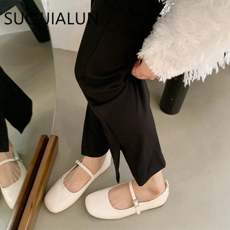 SUOJIALUN Summer Women Mary Jane Shoes Soft Casual Outdoor Dress Flat Ballet Shoes Round Toe Shallow Slip On Flats 250603