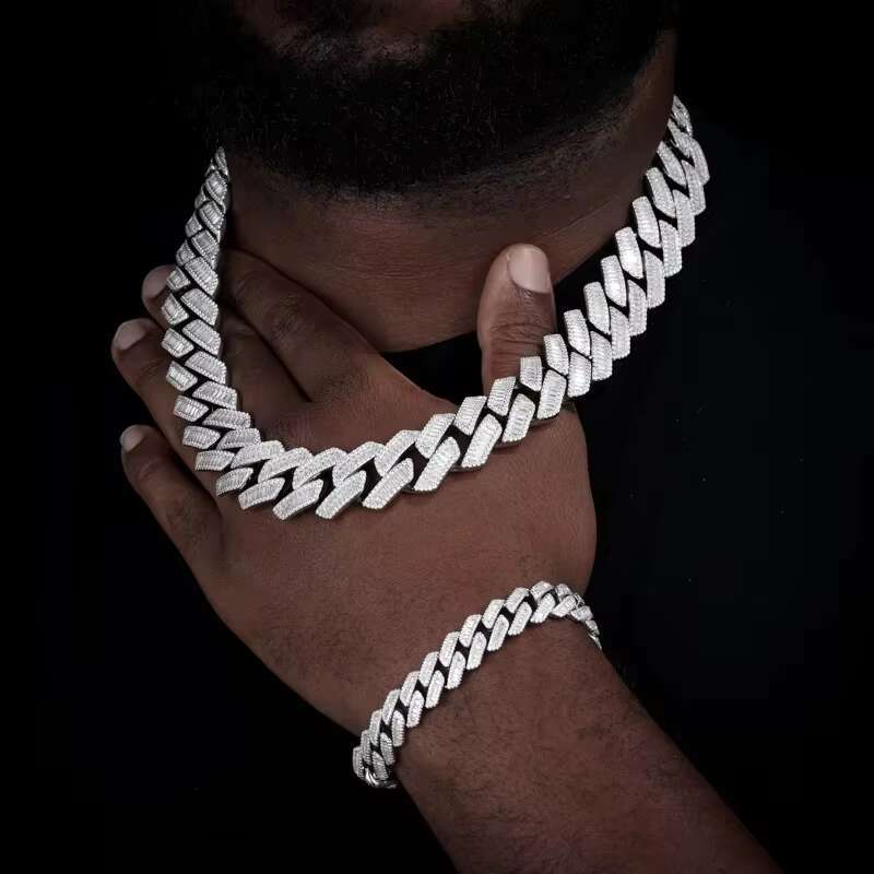 High Quality Unisex Geometry Iced Out Baguette VVS1 Moissanite Cuban Chain Necklace 925 Silver For Men Hip Hop Jewelry
