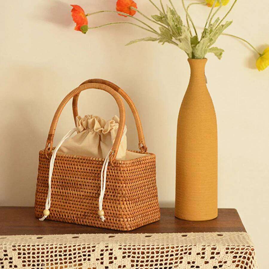Rattan Basket Handbags Women Hollow Out Handwoven Drawstring Top-Handle Bag Summer Beach Female Storage Clutch Travel Totes