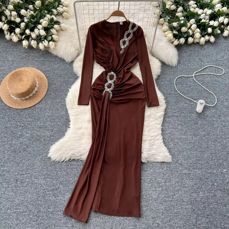Elegant Sexy Party Dress High End Beaded V Neck Pleated Elastic Maxi Dresses Irregular Design Vestidos