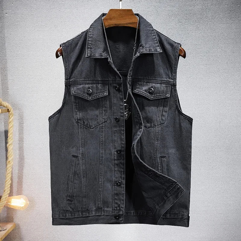 Denim Jacket Men Coats Vests Sleeveless Turn Down Collar Casual Regular Coat Button Pocket Slim Fit Jackets Simple y250605Z
