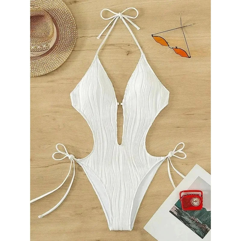 Sexy Halter V Neck Ruched Swimwear Women Hollow Out Bandage Backless One Piece Swimsuit Solid High Leg Cut Bathing Suit 250604