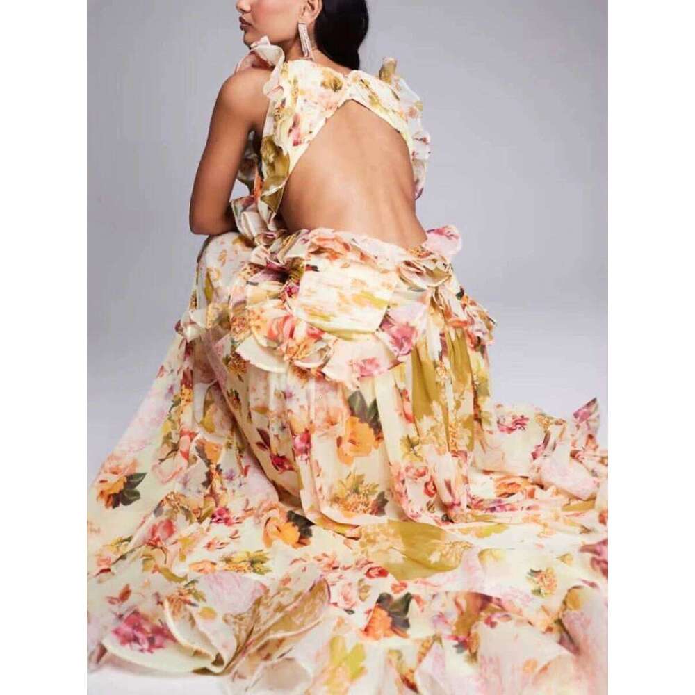 Runway Style Maxi Dresses For Women V Neck Sleeveless High Waist Patchwork Ruffles Edge French Sexy Printed Dress Female New