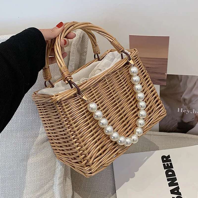 Casual Pearl Handle Women Handbag Summer Quality Rattan Handmade Tote Fashion Shoulder Bags Ribbon Bow Women's Bag