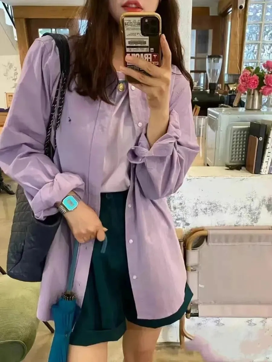 Lanjia- American Casual Polo Pony Designer Womens Loose Lapel Neck Shirts Colorful Horse Embroidery Women Fashion Long Blouses 08A7b