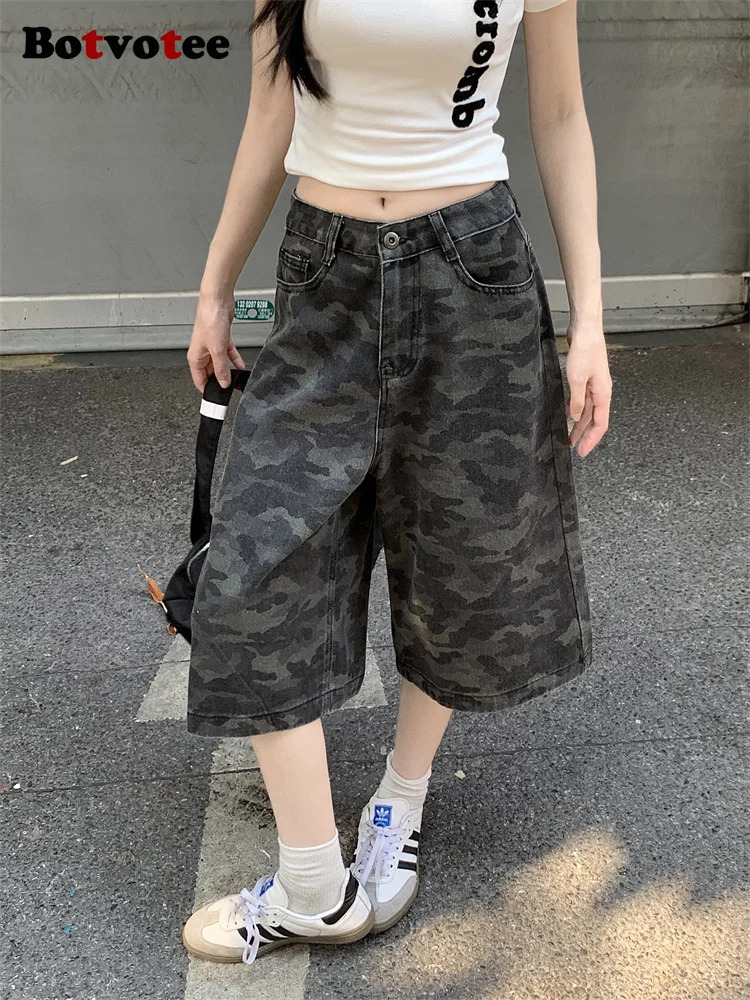 Botvotee Camo Calf Length Jeans for Women High Waisted Wide Leg Baggy Denim Camouflage with Pockets Summer Fashion Pants 250604
