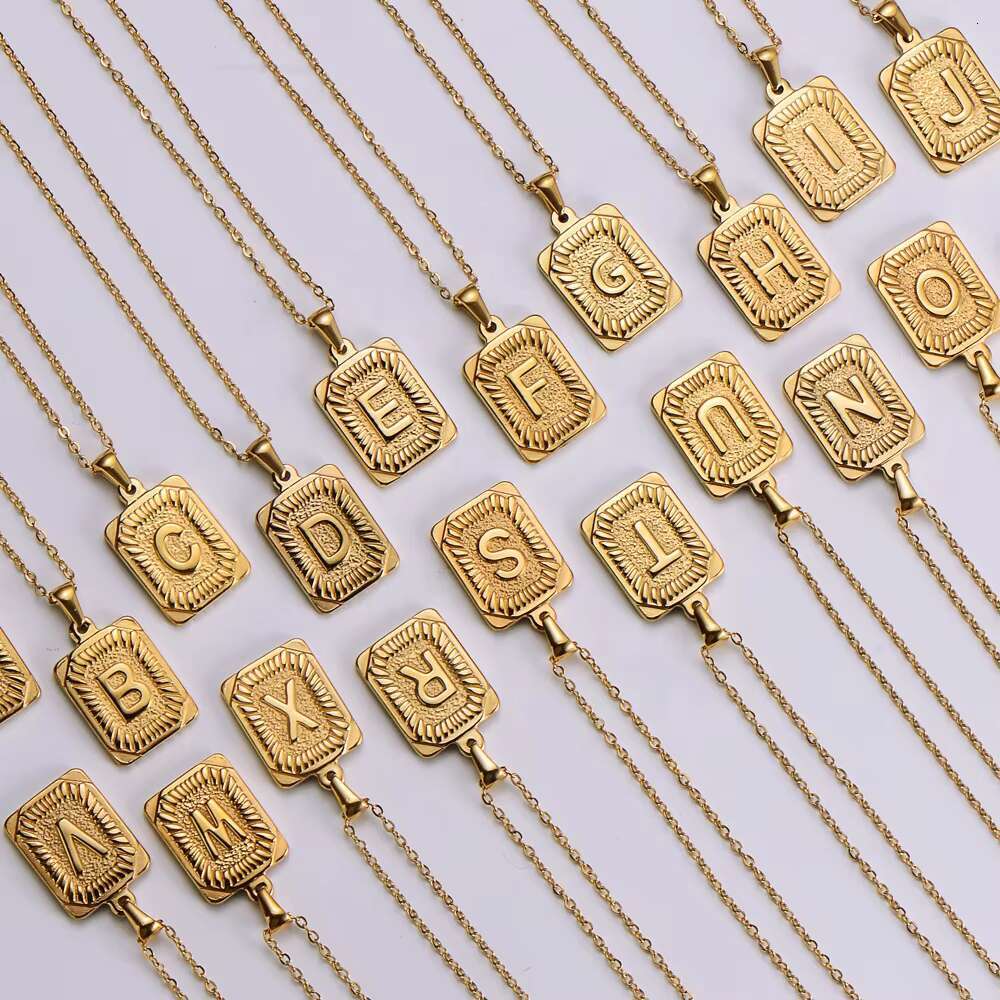 Wholesales 18K Gold Plated 316L Stainless Steel Alphabet A-Z Rectangular Letter 26 Letters Pendant Necklace
