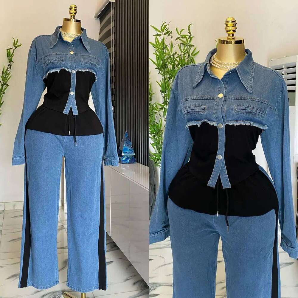 Two Piece Women Pant Set Denim Splice Matching Sets Spring Top Wide Leg Long Pants Casual Loose Lace Up High Waist Jogger