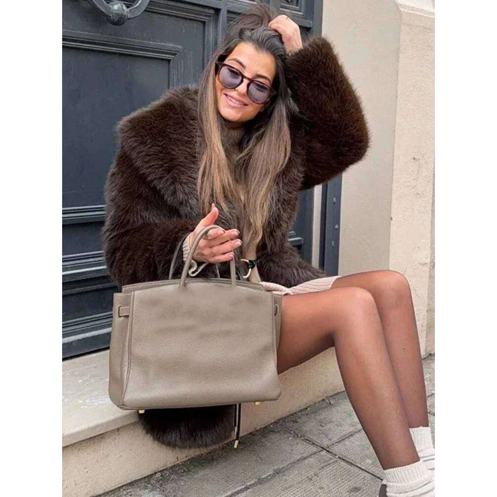 Coats Designer Women ZBZA Women's Warm Thick Faux Fur Coat Vintage Lapel Long Sleeves Hidden Pockets Solid Overcoat Autumn Winter New Jacket Desi