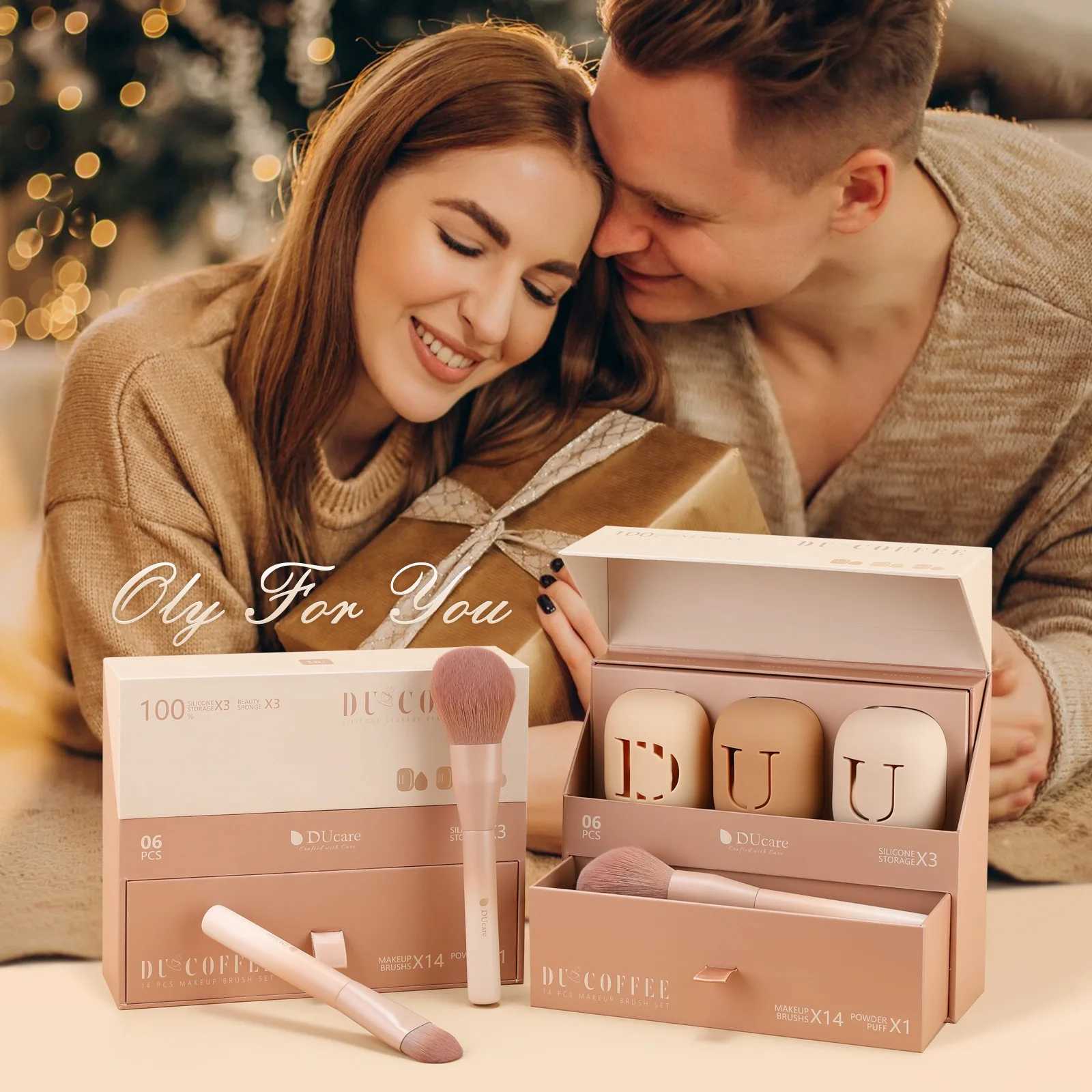 DUcare 14Pcs Coffee Makeup Brush Set with Sponge Foundation Blending Face Powder B Eyeshadow Brushes Valentine Christmas Gift W250605