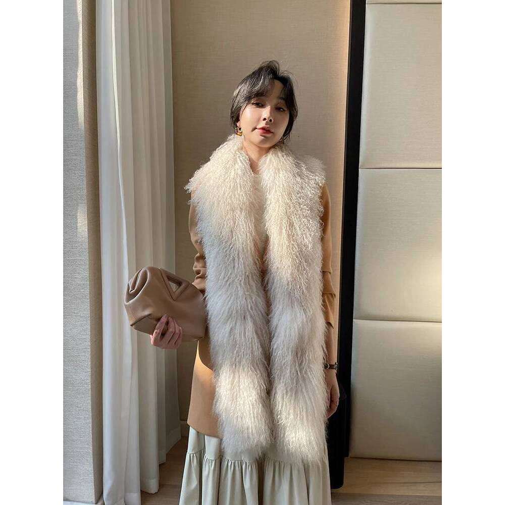 ZDFURS* Korean Quality mongolian Tibet sheep fur scarf Double-Sided Whole skin Long Collar Fur Scarf Thickened