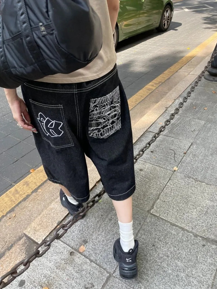 HOUZHOU Vintage y Y2k Jorts Women Hip Hop Style Baggy Denim Shorts Grunge Streetwear Black Wide Leg Knee Length Shorts 250604
