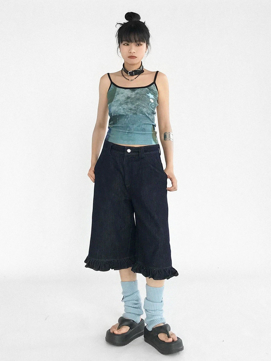 REDDACHiC Dark Blue Ruffled Denim Shorts Women Solid Casual High Waist Knee Long Frilly Baggy Jorts Y2k Retro Summer Streetwear 250604