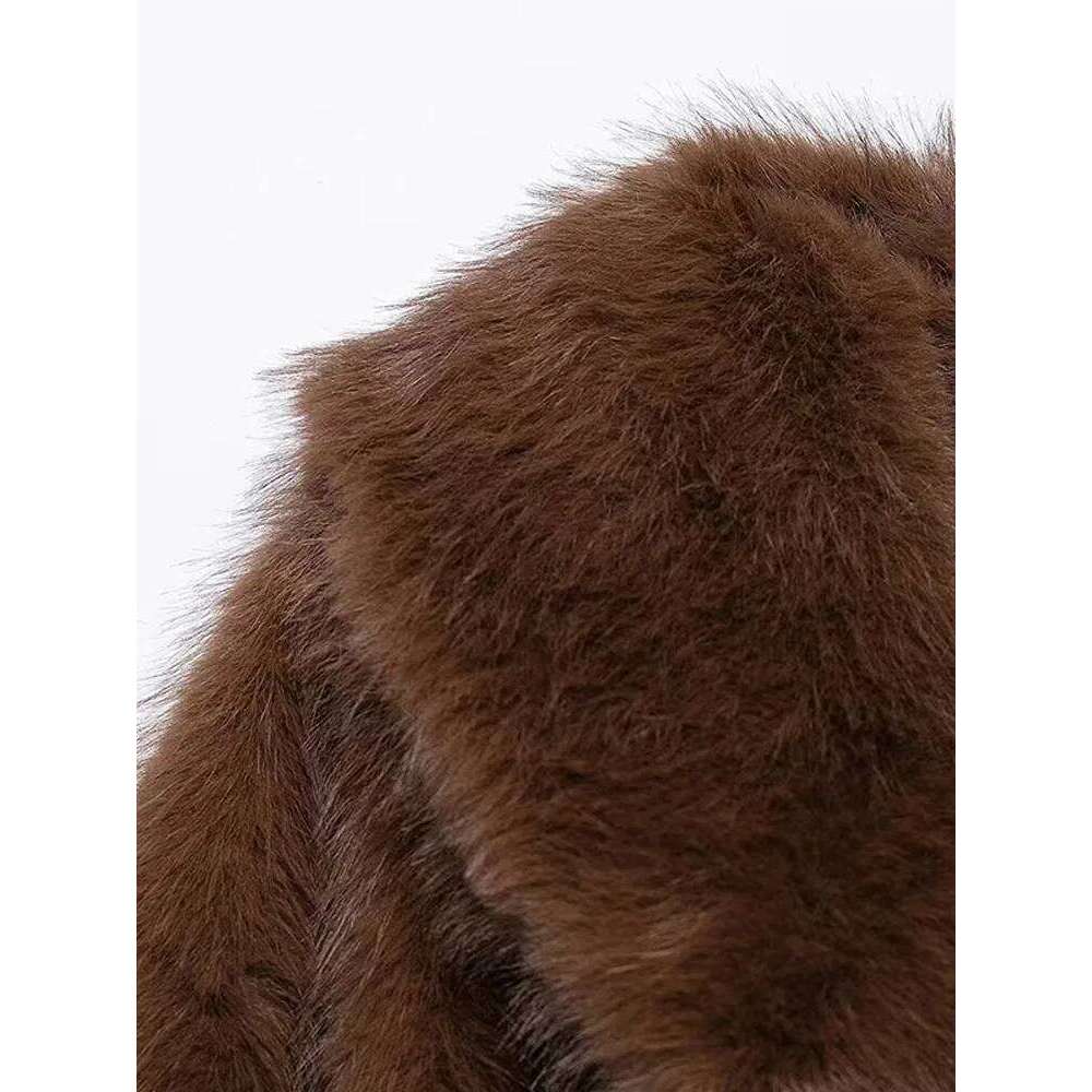 Heart Shaped Short Fur Coat Coffee Deep V Lapel Fashion Elegant Furry Overcoat Top Women's Warm Plush Outwear Streetwear