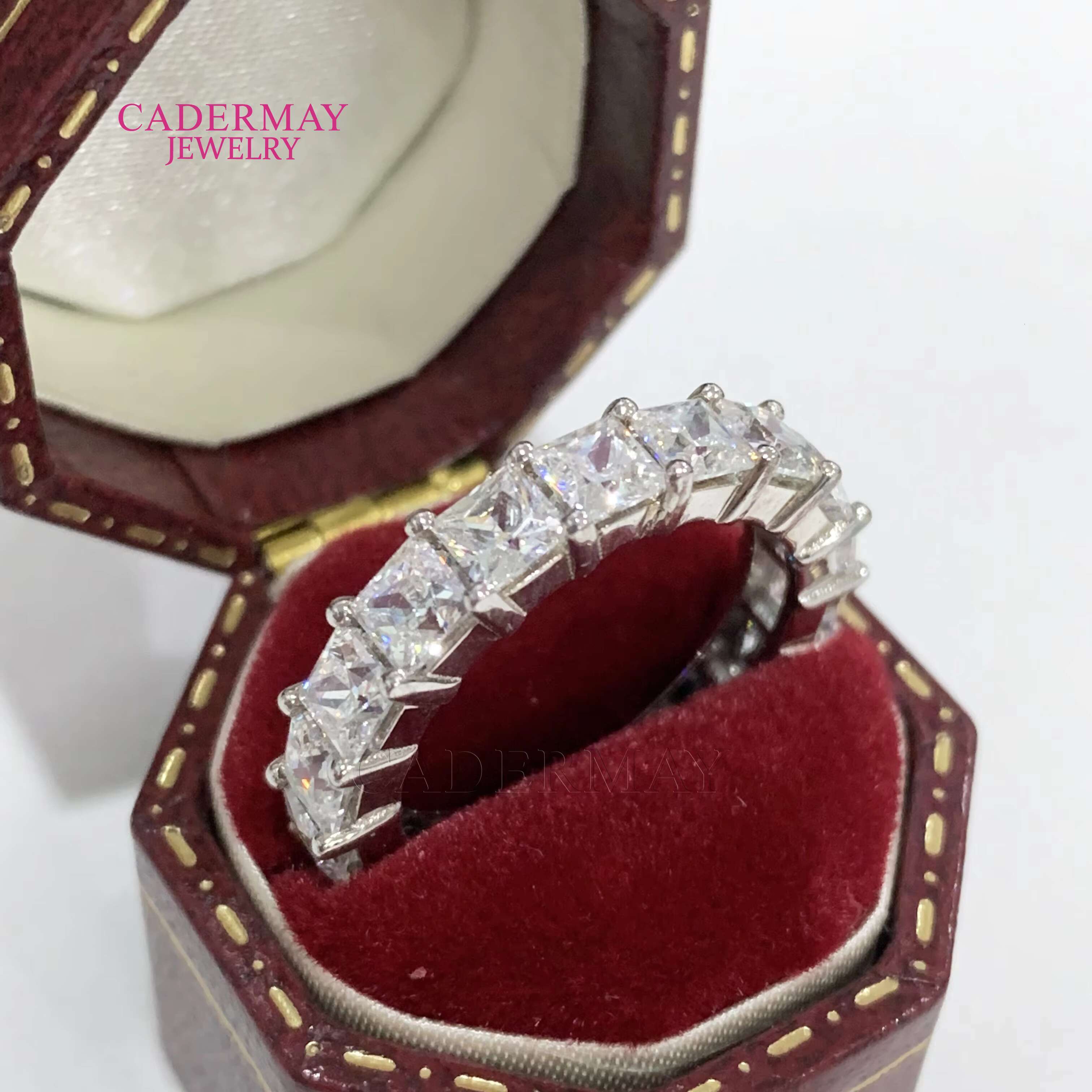 Cadermay Jewelry 925 Silver 3.5x3.5mm Square Princess Cut D VVS Moissanite Eternity Ring Band for Women Gift