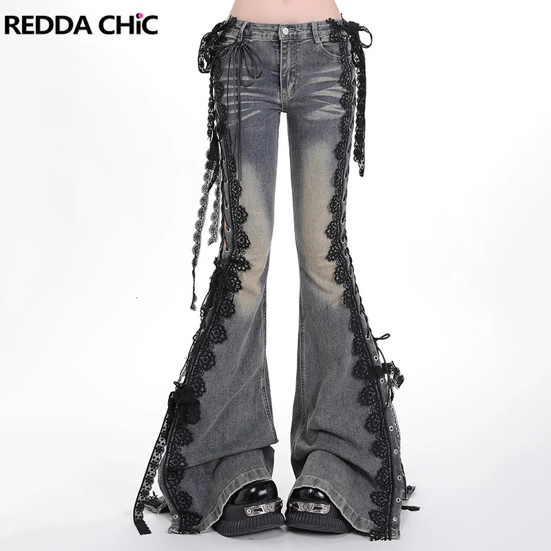 REDDACHiC Split Lace Up Flare Jeans with Liner Shorts Women ICON Street Do Old Stretchy Low Waisted Pants Retro Y2k Bell Bottoms 250604