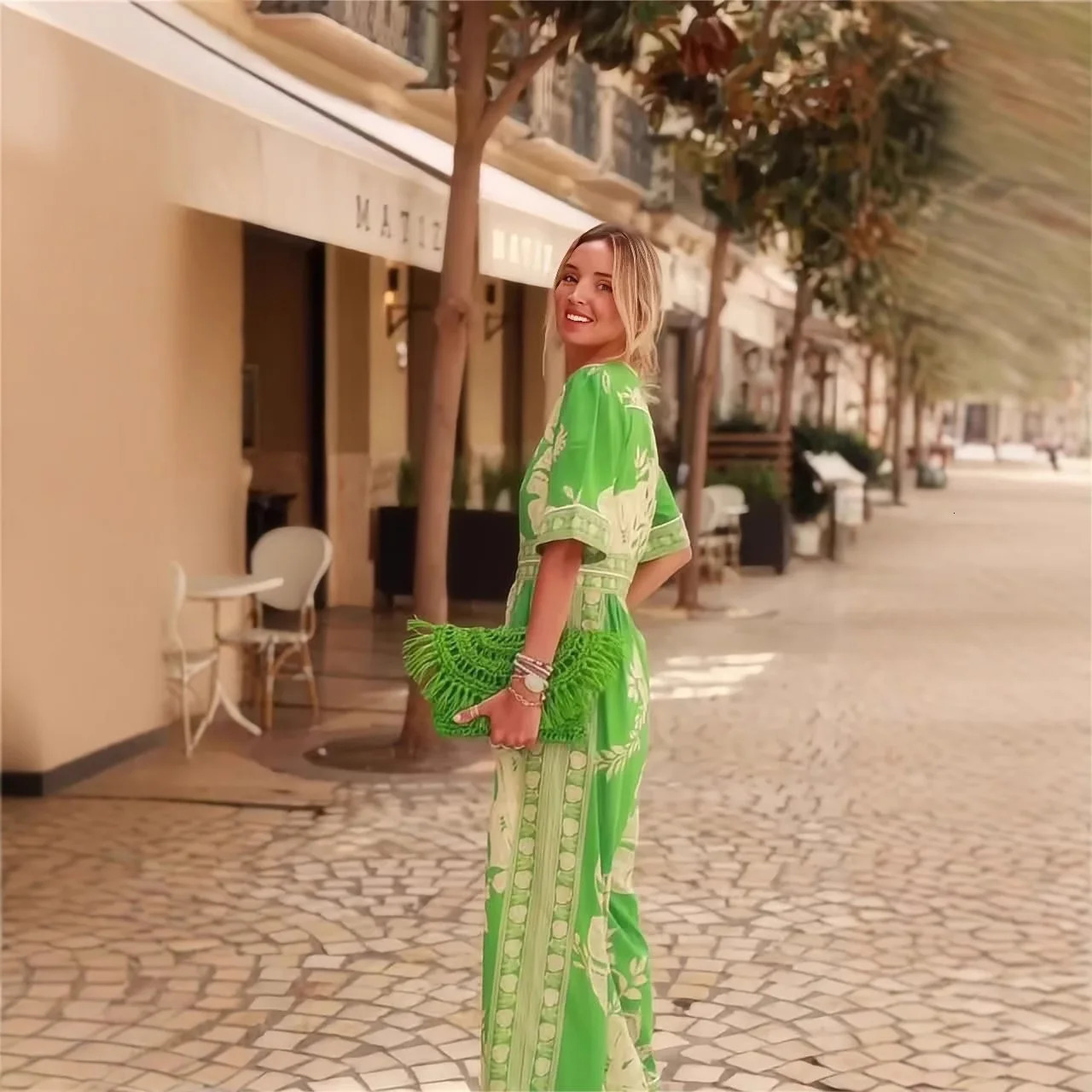 VEITCHE Women Vintage Printed Jumpsuits Elegant Vneck Short Sleeve Wide Leg Playsuits Casual High Waisted Vacation Rompers 250604