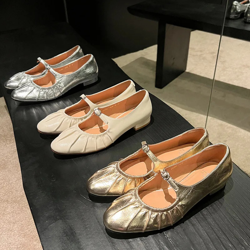 S2509 Soft Crinkled Lambskin Mary Jane Flats Spring 2025 Chunky Pointed Toe Genuine Leather Womens Shoes 250603
