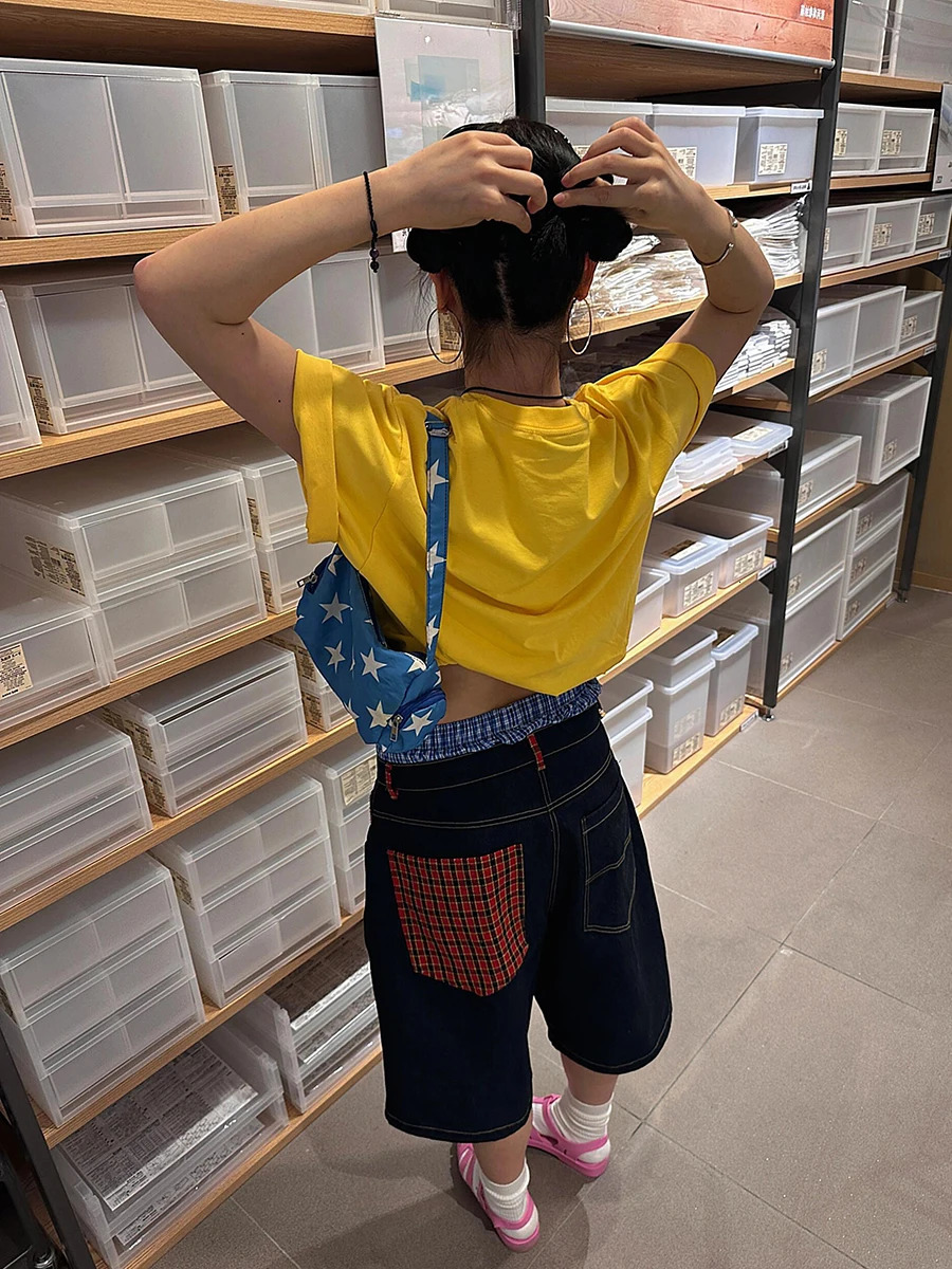 REDDACHiC Harajuku Women Plaid Spliced Denim Shorts Vintage Wash Oversize Trousers Low Waist Baggy Jeans Jorts Y2k Streetwear 250604