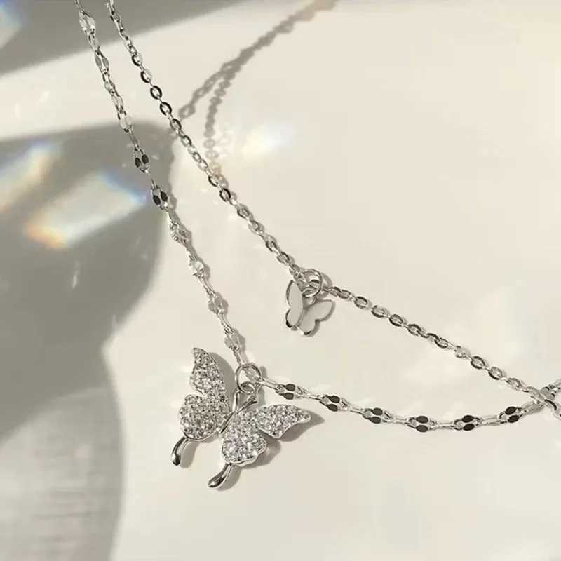Women Shiny Butterfly Necklace Fashion Double Layer Pendant Cross Choker Neck Chain Light Luxury Clavicle Chain Party Jewelry XJ250604