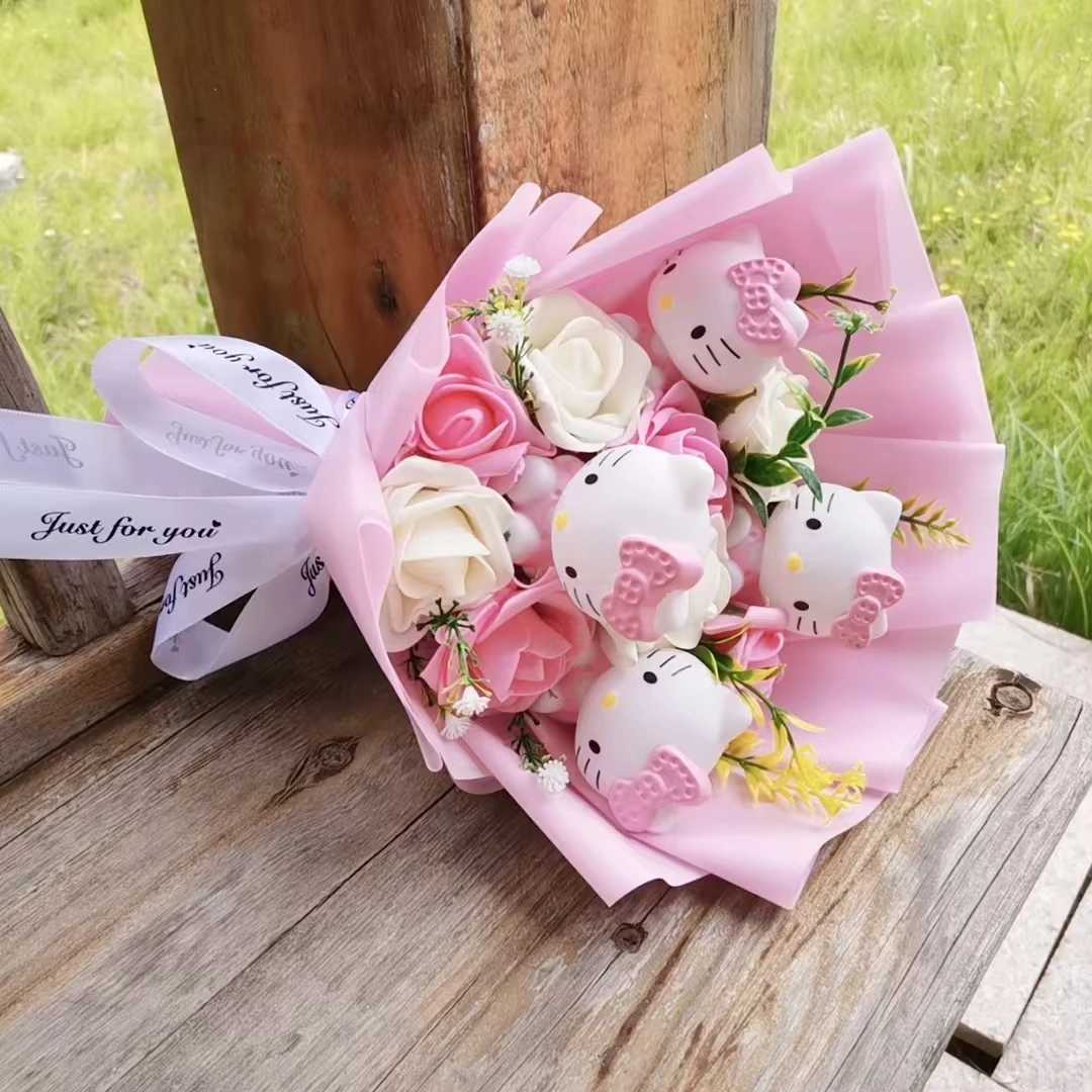 Anime Hello Kitty Cartoon Plush Bouquet Sanrio Artificial Rose Flowers Doll Christmas Home Wedding Decoration Valentines Day Giw250605