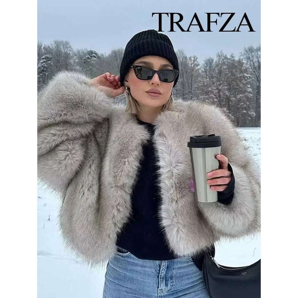 Coats Designer Women TRAFZA Winter Streetwear Faux Fur Effect Short Jacket Coat Retro Solid Color O Neck Longsleeve Women's Loose Thermal Top Des
