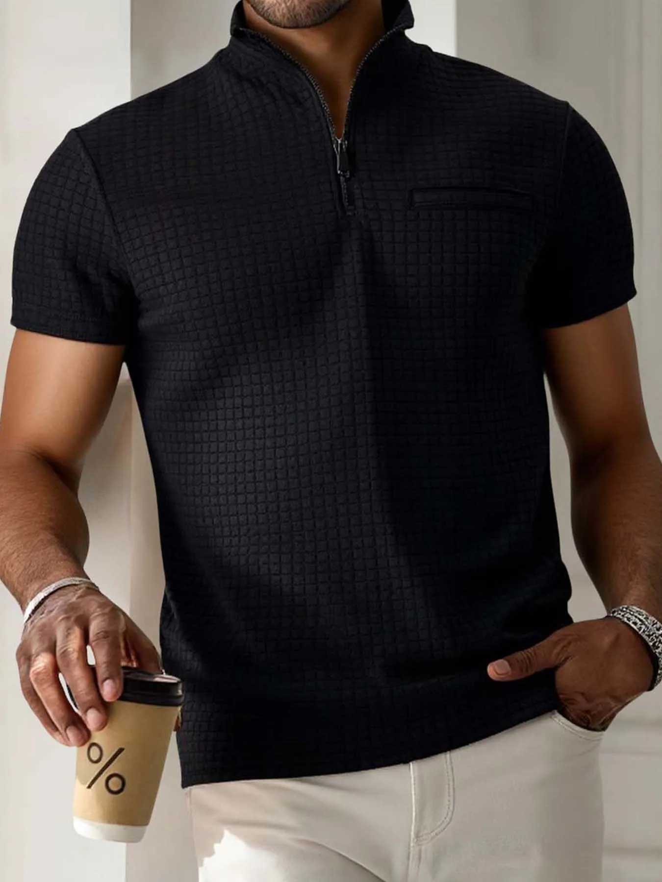 Mens sporty casual and simple POLO shirt with jacquard check pattern stand-up collar semi-zipper slim short-sleeved shirt XJ250605