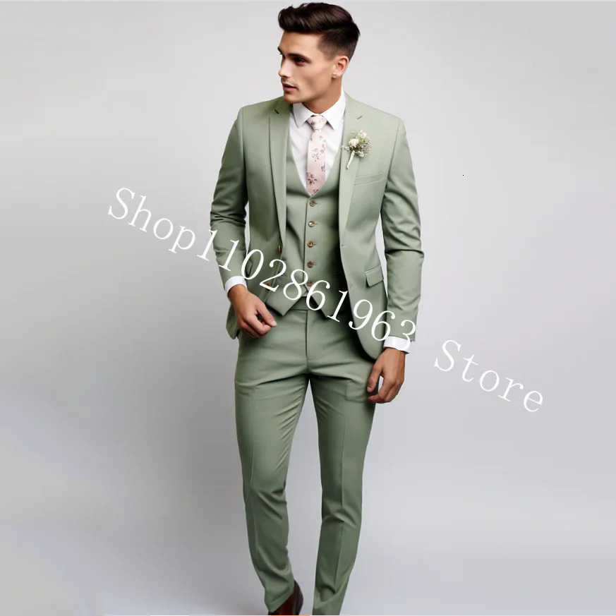 3 Pieces Male Suits Green Elegant Wedding Suits For Men Formal Men Blazer Slim Fit Groom Tuxedos Jacket Costume Homme 250530