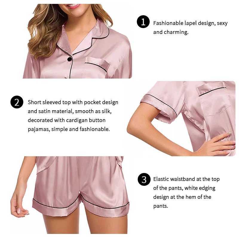 Womens Pajamas Set Satin Sleepwear Button down Tops and Shorts Solid 2 Piece Suit Pyjama Ladies Nightwear Loungewear for SummerC250605