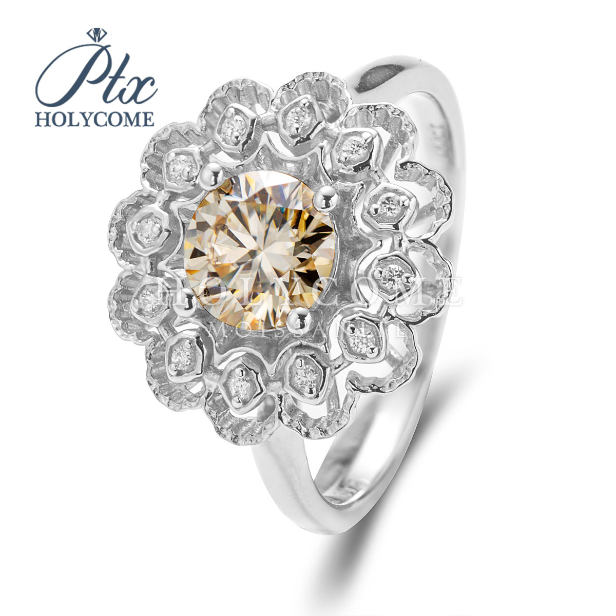 Women's 925 Sterling Silver Wedding Ring 1CT Champagne Moissanite Round Ice Flower Cut Party Gift Engagement Fashion Cluster Ring