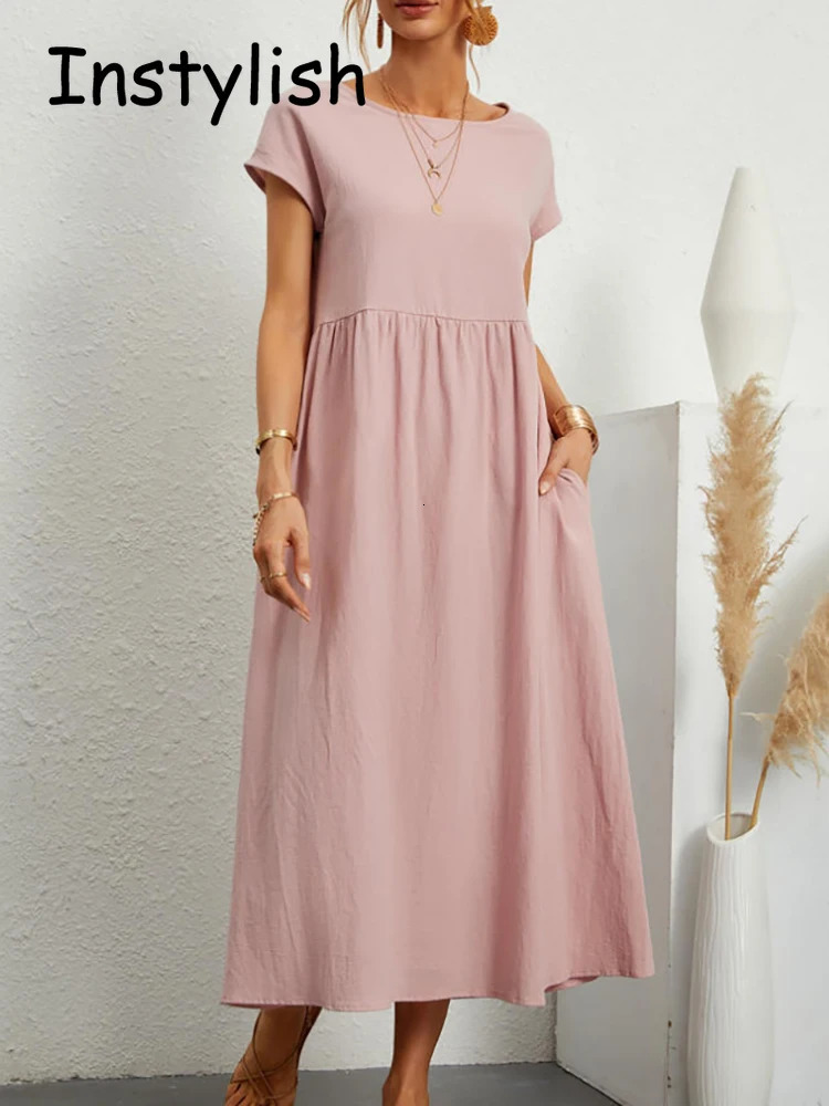 Women Elegant Solid Maxi Dress Summer Short Sleeve O Neck Vintage Harajuku Cotton Linen Loose Sundress Y2K Pockets Long Dress 250529