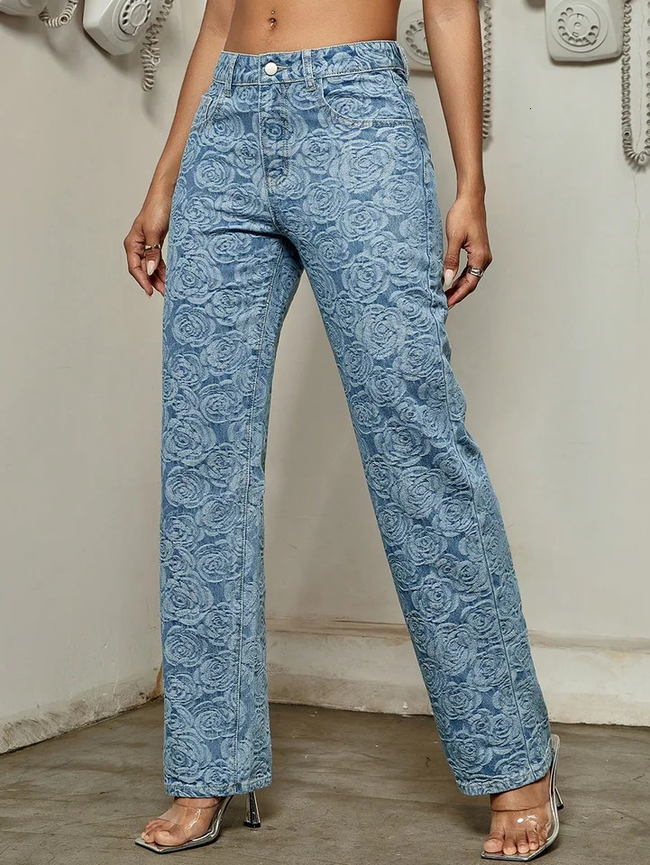 Womens Denim Pants Casual Loose Vintage Floral Summer Spring Blue High Street Flower Blossom Office Lady Fashion Jeans 250604