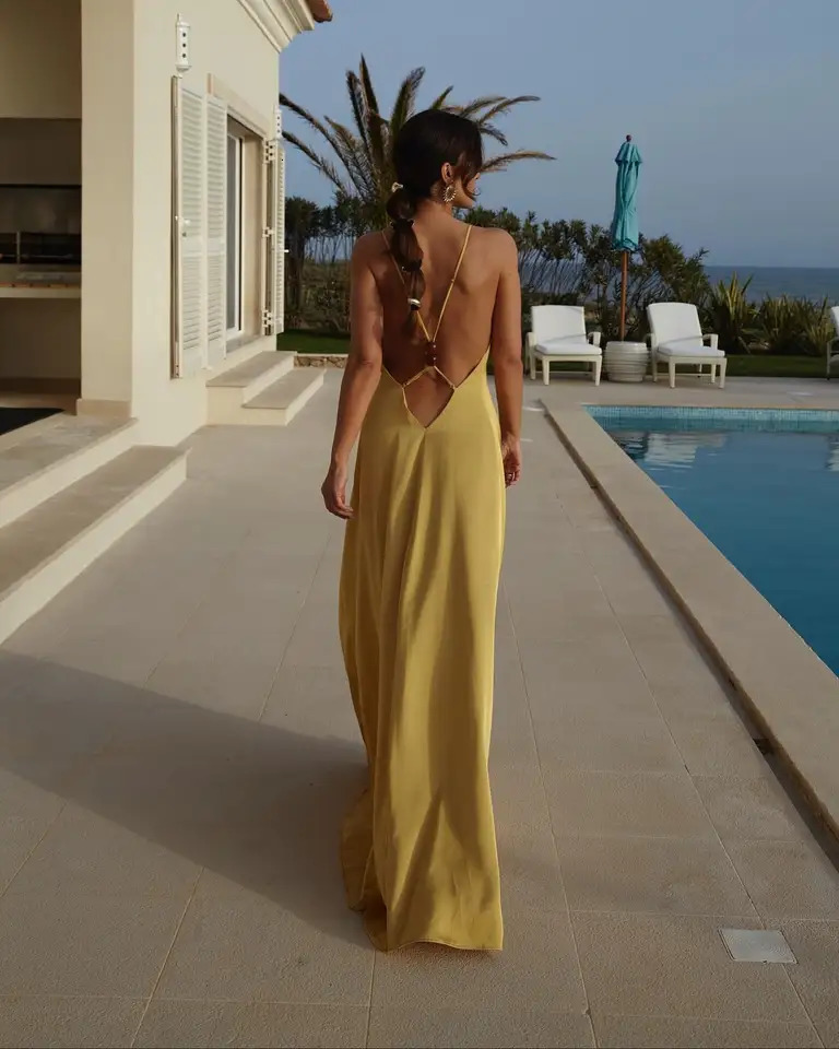 Chic Yellow Backless Sling Long Dress Elegant V Neck Sleeveless High Waist Slim Vestido 2025 Summer Fashion Lady Commute 250604