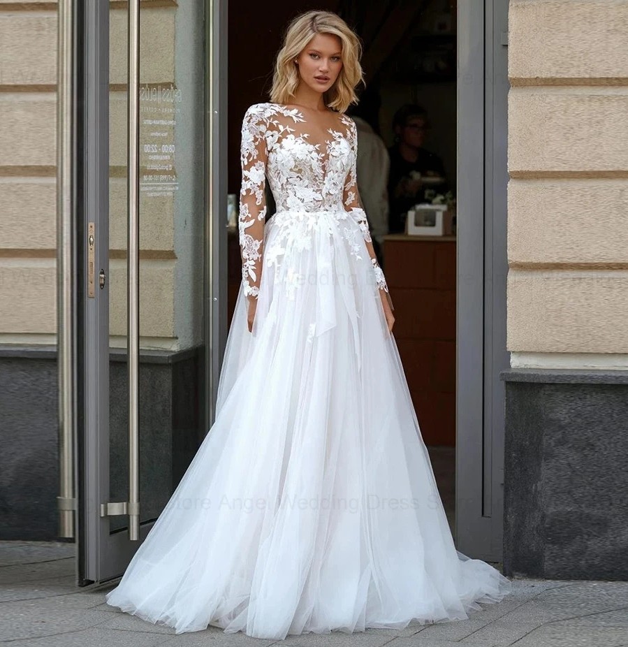 2025 Elegant A-Line Lace Wedding Dress Women Scoop Neck Long Sleeves Applique Bride Bridal Gowns Button Plus Size Vestidos De Novia