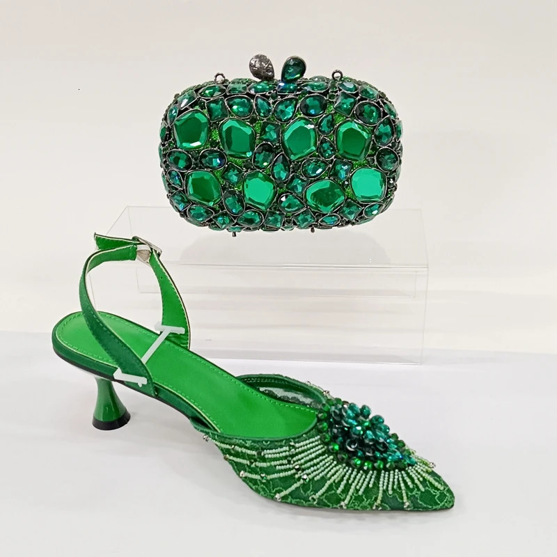 INSIGHTLINK Womens Green Color Rhinestones Shoes and Bag Set Pointed Toe Pumps for Wedding Party Diamonds High Heeled Sandals 250605